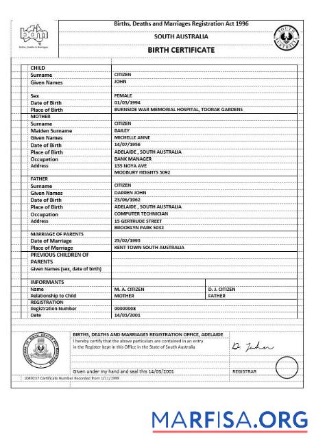 Blank Australia Australian Capital Territory birth certificate template in Word format, version 1